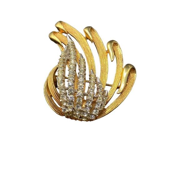 Vintage Gold tone rhinestone floral wispy pin brooch strong clasp - Picture 7 of 8